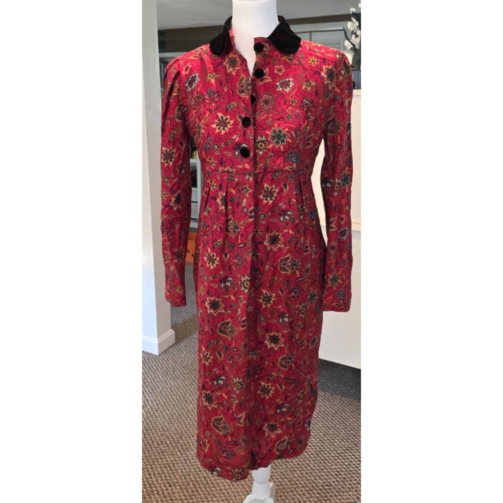 VTG Albert Nipon Silk Wool Floral Button Dress 2 Velvet Collar Elegant Designer